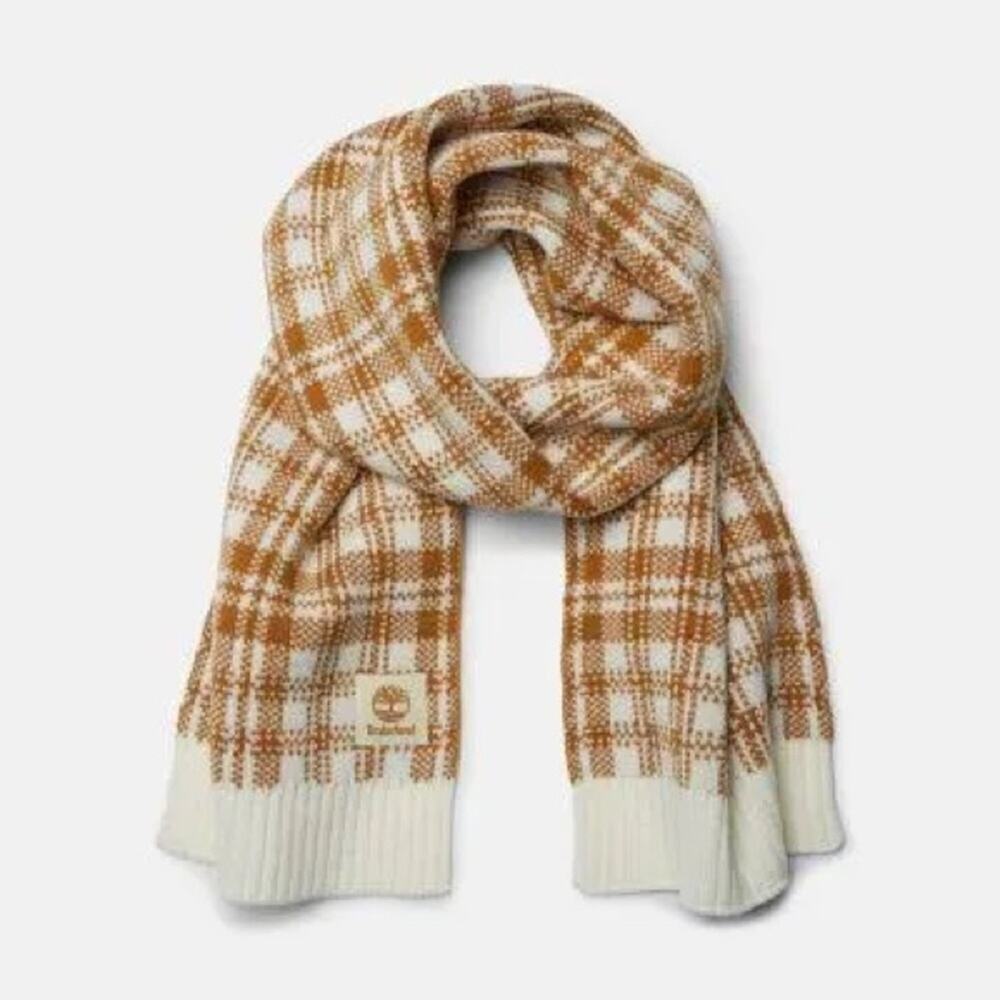 NWT Timberland Plaid Knit Scarf Brown Cream Winter Snow Warm